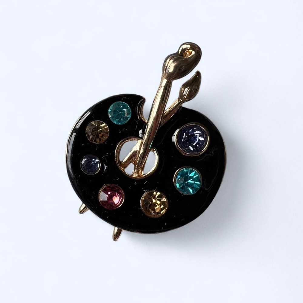 Artistic Palette Brooch Black Gold with Colorful Gems Artist Jewelry Gift